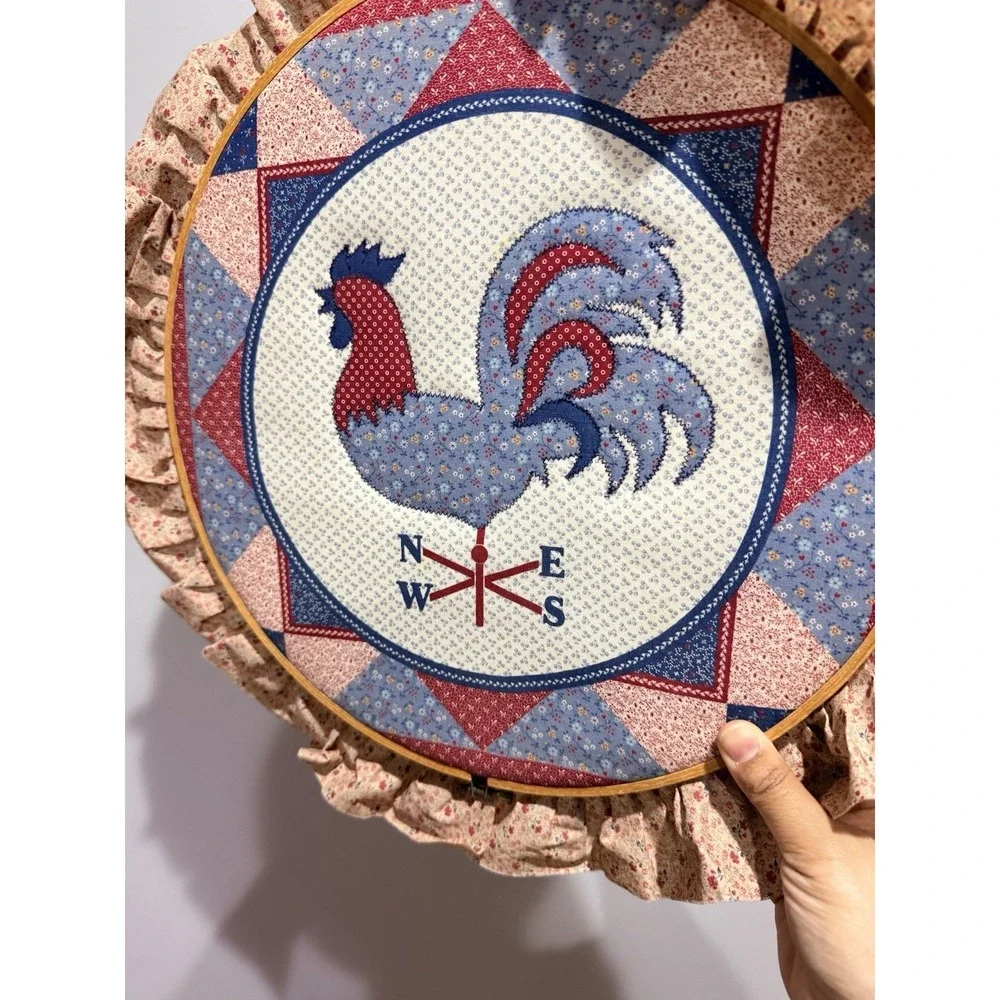 Vintage Handmade Embroidery Hoop Wall Art Rooster Compass Farmhouse Country Chic